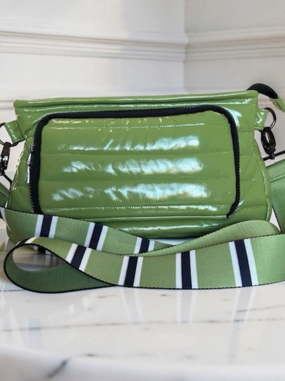 Think Royln Front Zip Wallet Patent Crossbody Bank Street - Green - NWOT